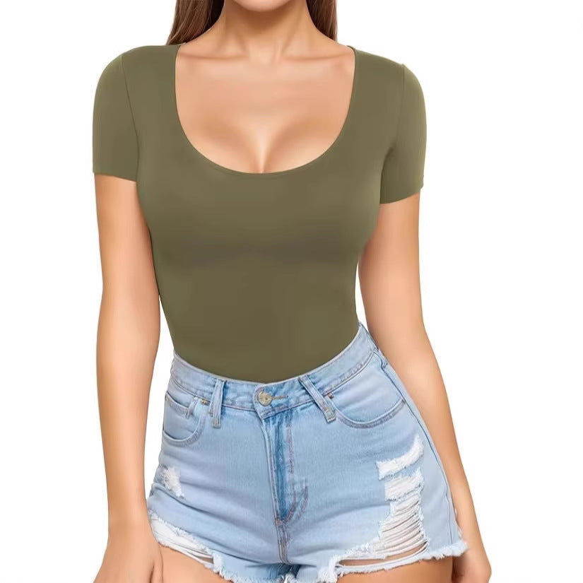 Damen figurbetontes Kurzarm-Body mit rundem Ausschnitt und nahtlosem Design EB