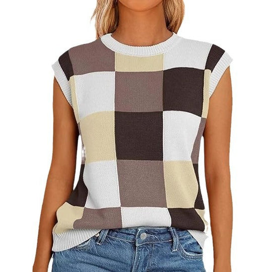 Damen lässiges ärmelloses Pullover-Top mit karierter Musterung EB