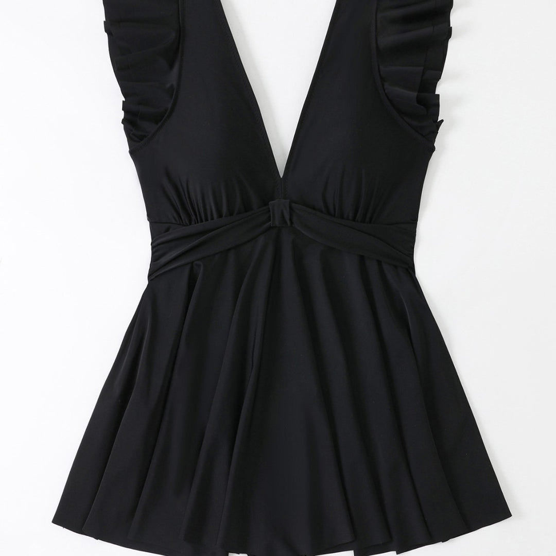 Damen Strandkleid mit leichtem V-Ausschnitt und voluminösen Rüschendetails EB