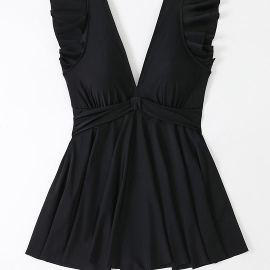 Damen Strandkleid mit leichtem V-Ausschnitt und voluminösen Rüschendetails EB