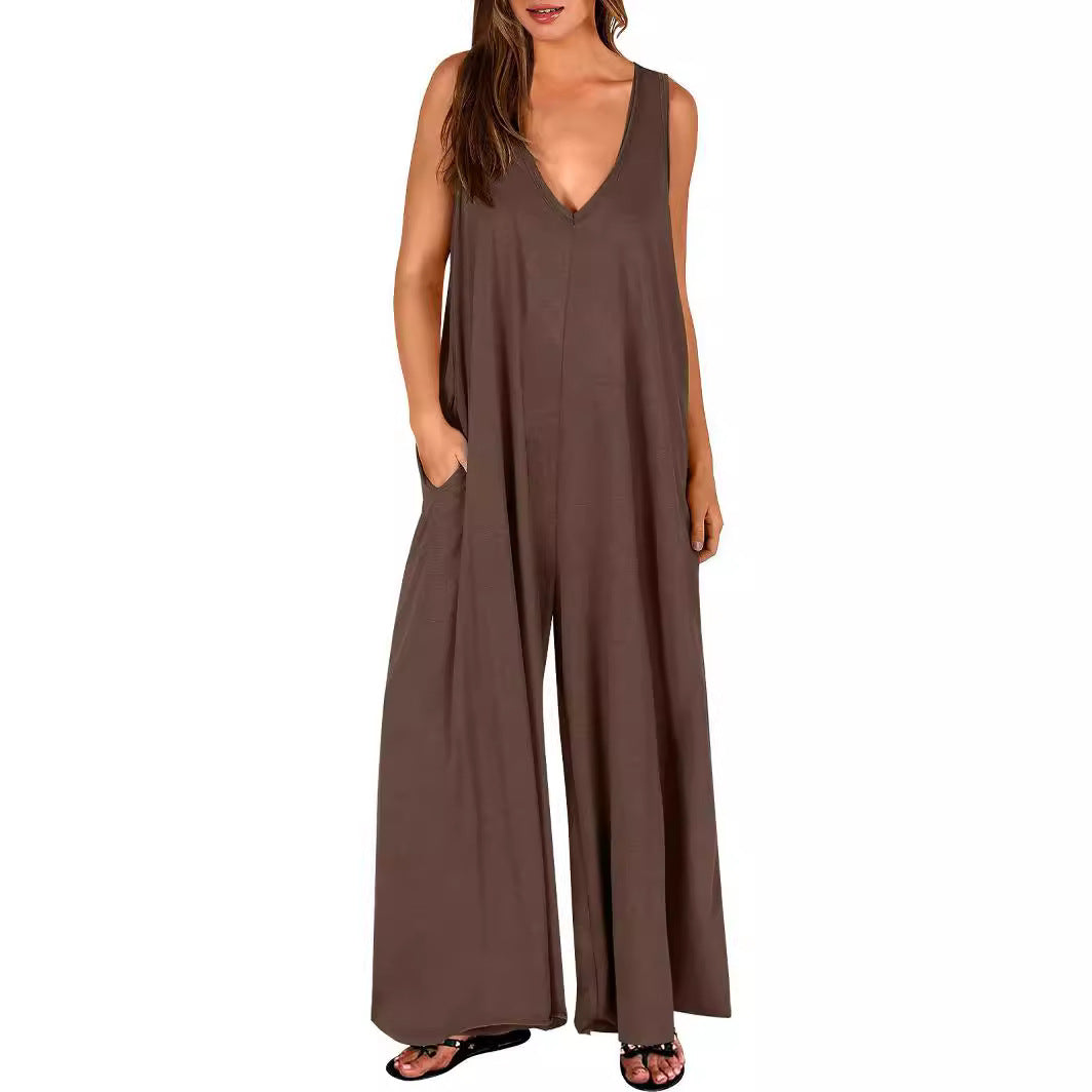 Damen Lockerer Jumpsuit mit tiefem V-Ausschnitt und seitlichen Taschen EB
