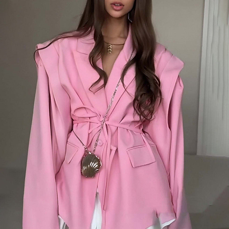 Damen nan taillierter Blazer mit Bindegürtel und Oversize-Ärmeln EB