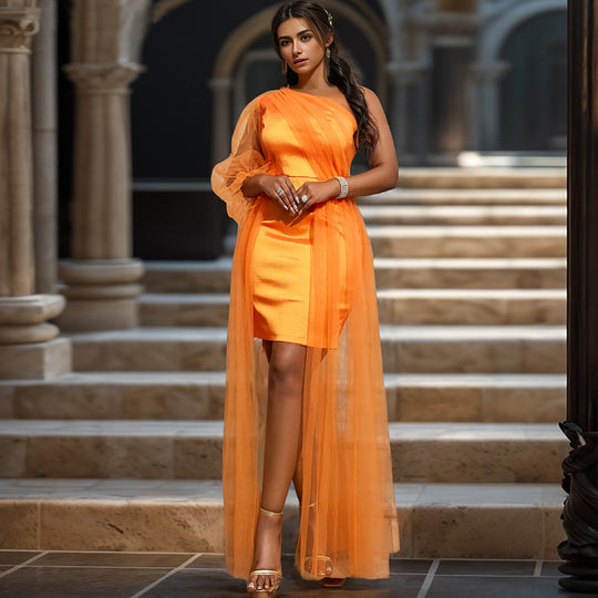 Damen elegantes One-Shoulder Kleid mit transparentem Tüllüberwurf EB