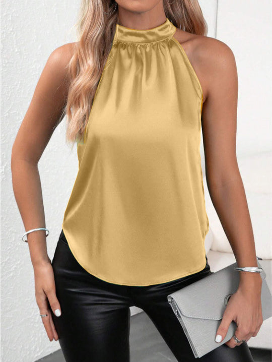 Damen modisches Top mit hohem Kragen und schimmerndem Satin-Finish EB