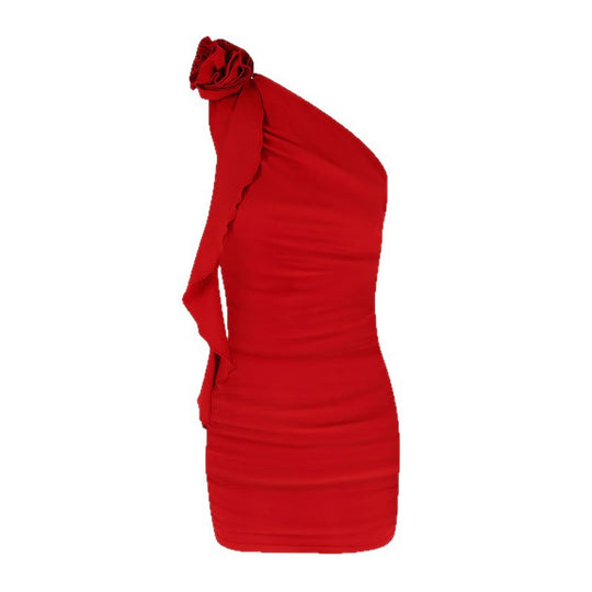 Damen Figurbetontes Minikleid mit asymmetrischem Ausschnitt und Rüschendetails EB