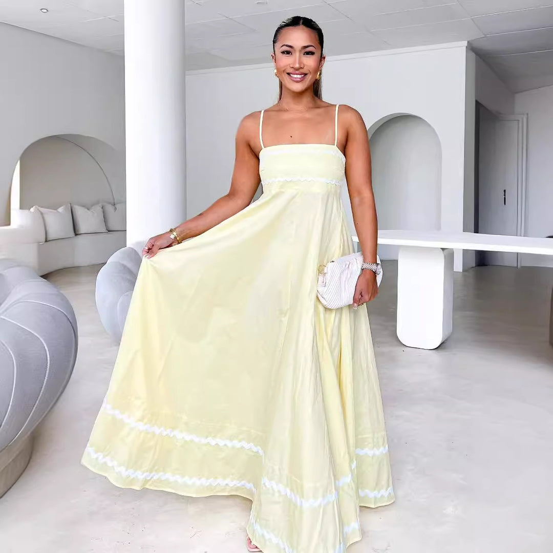 Damen luftiges Langkleid mit zarten Rüschendetails und verstellbaren Spaghettiträgern EB