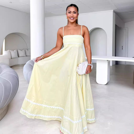 Damen luftiges Langkleid mit zarten Rüschendetails und verstellbaren Spaghettiträgern EB