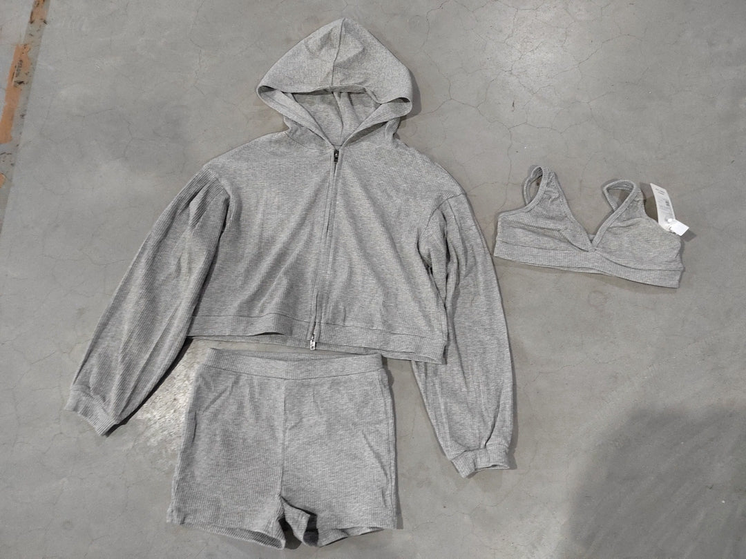 Damen nan kurzes geripptes Lounge-Set mit Kapuzen-Zipjacke und Highwaist-Shorts EB