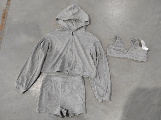 Damen nan kurzes geripptes Lounge-Set mit Kapuzen-Zipjacke und Highwaist-Shorts EB
