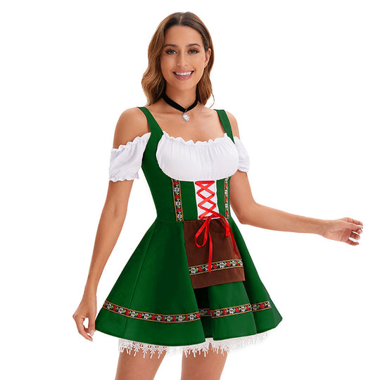 Damen nan traditionelles Oktoberfest Dirndl Minikleid mit Schnürung und abnehmbarer Schürze EB