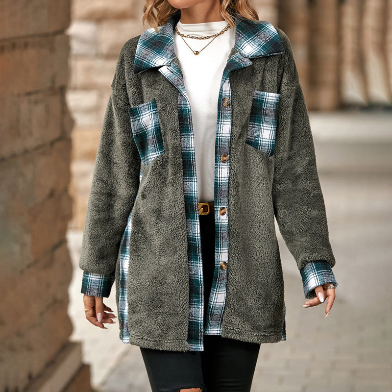 EB | Fleecejacke mit Karodetails Knopfverschluss Warm und Lässiger Stil