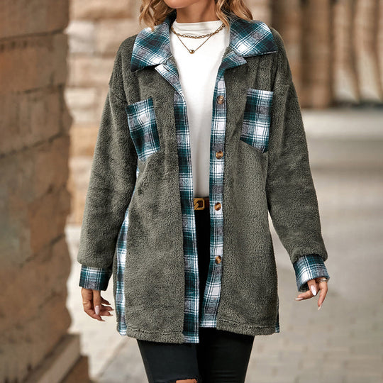 EB | Fleecejacke mit Karodetails Knopfverschluss Warm und Lässiger Stil