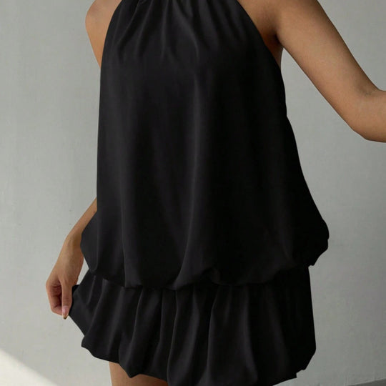 Damen sommerliches Minikleid mit haltem Kragen und asymmetrischem Design EB