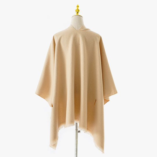 Damen Wickelponcho mit Bindegürtel, V-Ausschnitt und Fransensaum EB