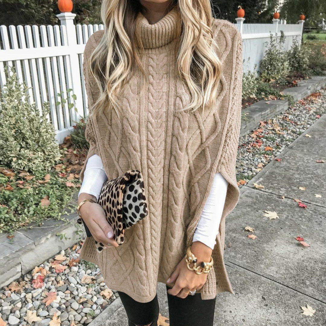 Damen Strickponcho mit hochschließendem Kragen und klassischem Kabelmuster EB