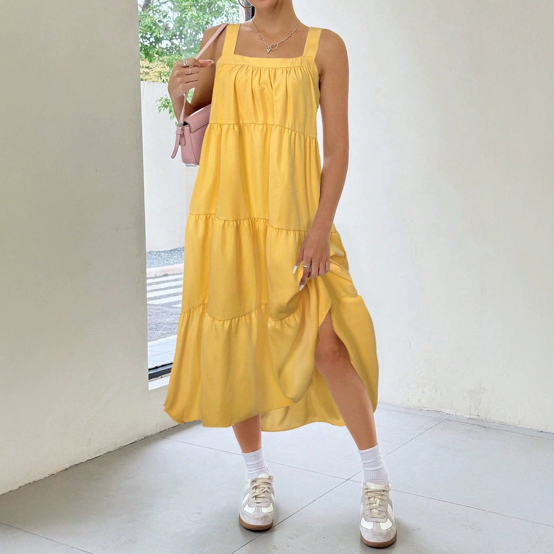 Damen luftiges Maxikleid mit Rüschendetails und seitlichem Schlitz EB