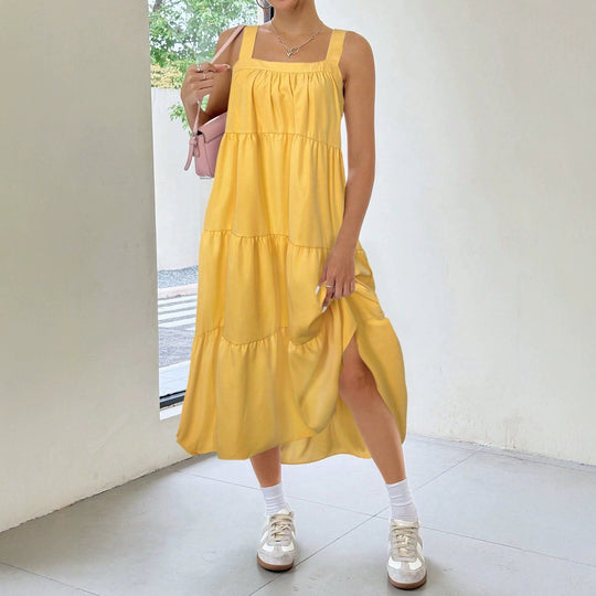 Damen luftiges Maxikleid mit Rüschendetails und seitlichem Schlitz EB