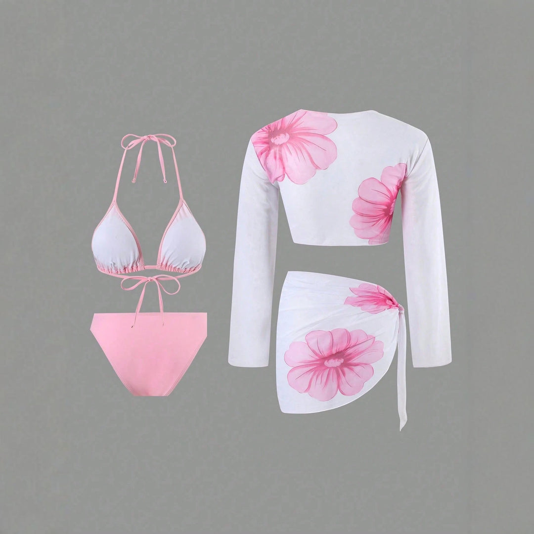 Damen Bikini-Set mit floralem Wickeltuch und langärmliger Oberteile EB