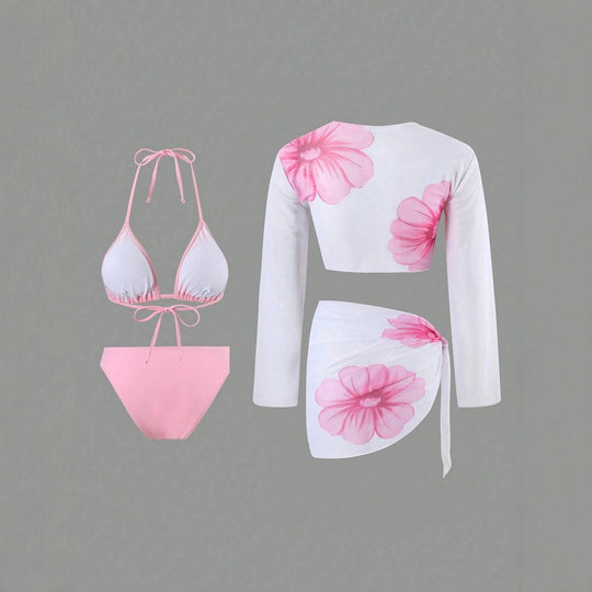 Damen Bikini-Set mit floralem Wickeltuch und langärmliger Oberteile EB