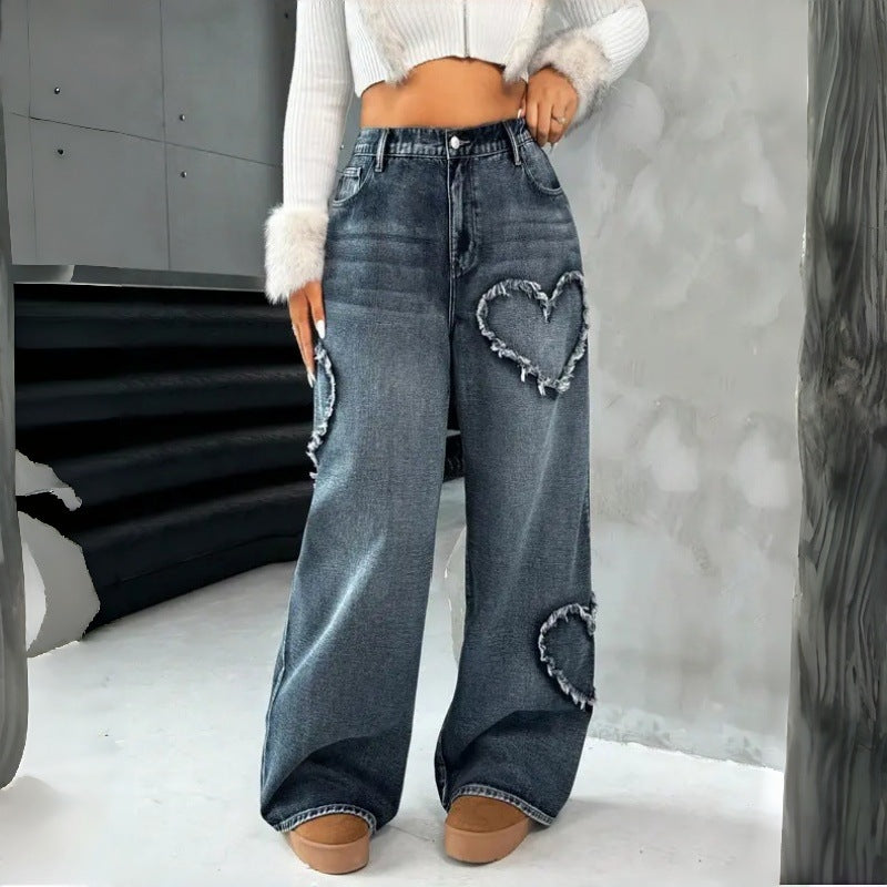 Damen Weite Jeans mit Herz-Stickerei und lässigem Schnitt EB