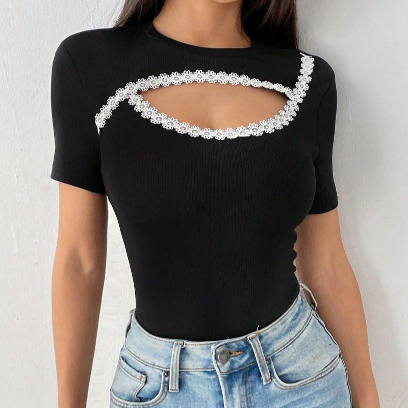 Damen Figurbetontes Bodysuit mit feinem Spitzenbesatz EB