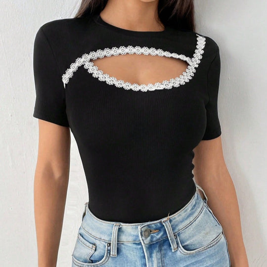 Damen Figurbetontes Bodysuit mit feinem Spitzenbesatz EB