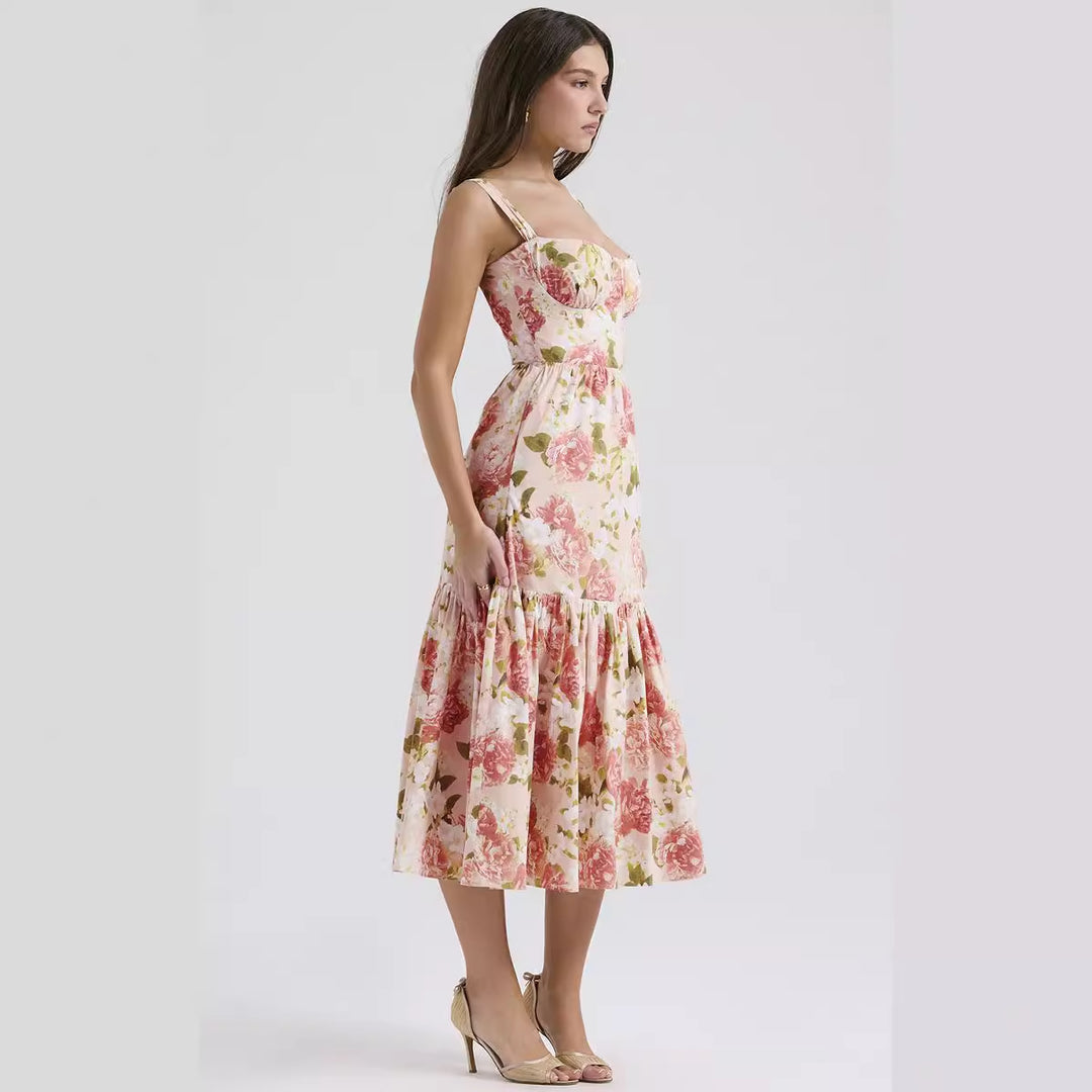 Damen Maxikleid mit floralem Print und voluminösem Rock EB