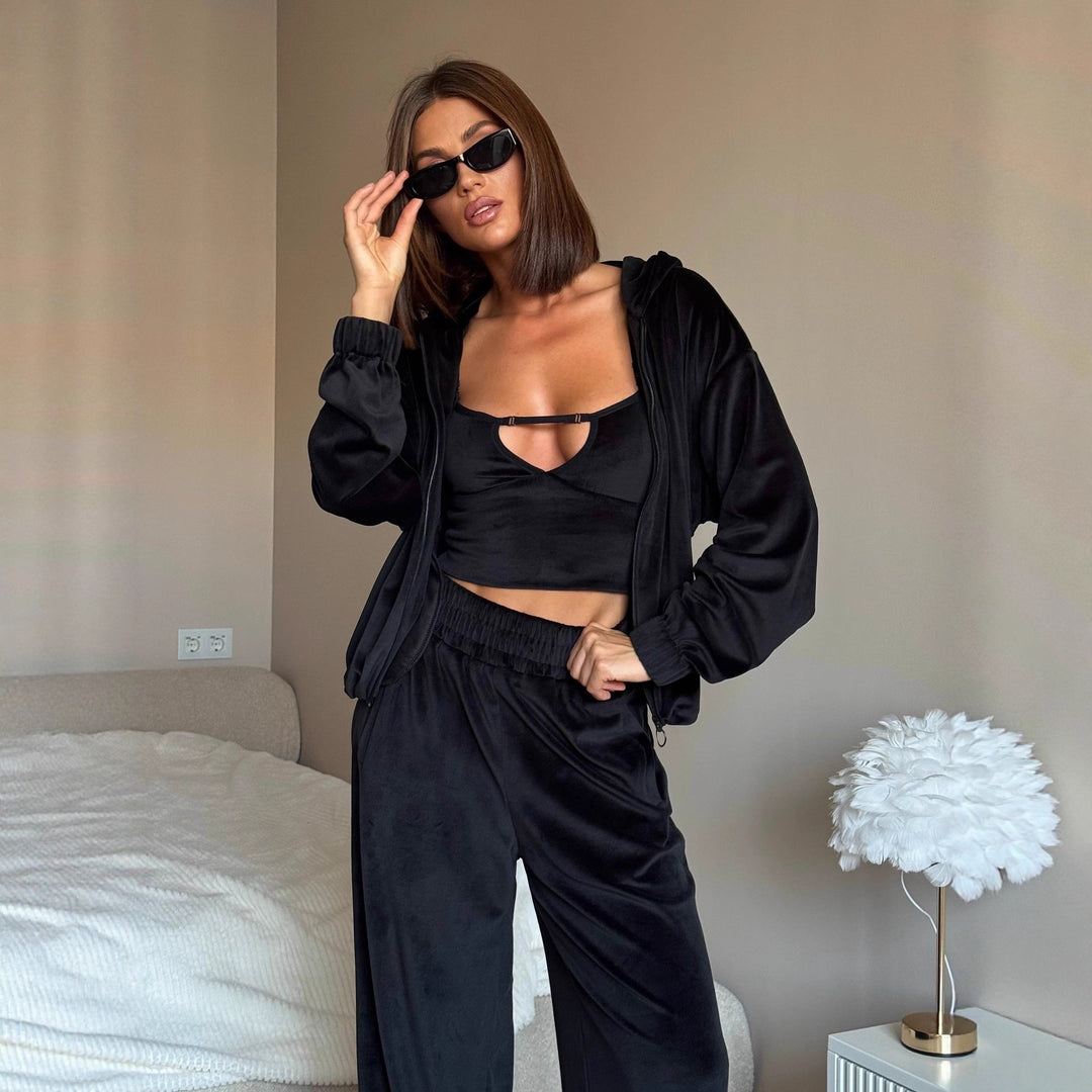 Damen Loungewear-Set mit leichtem Zip-Hoodie, elastischen Bündchen und weiten Palazzo-Hose EB