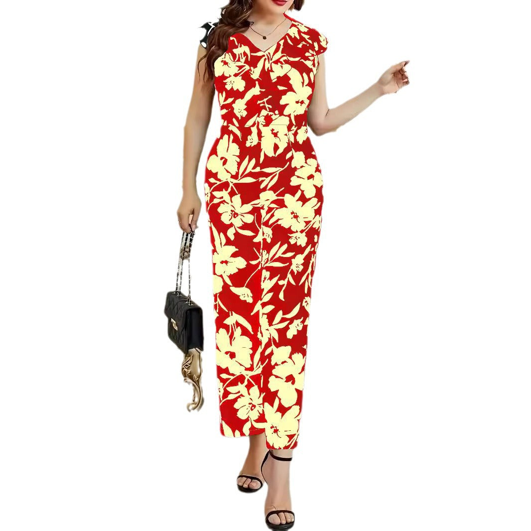 Damen Maxikleid mit floralen Akzenten und elegantem V-Ausschnitt EB