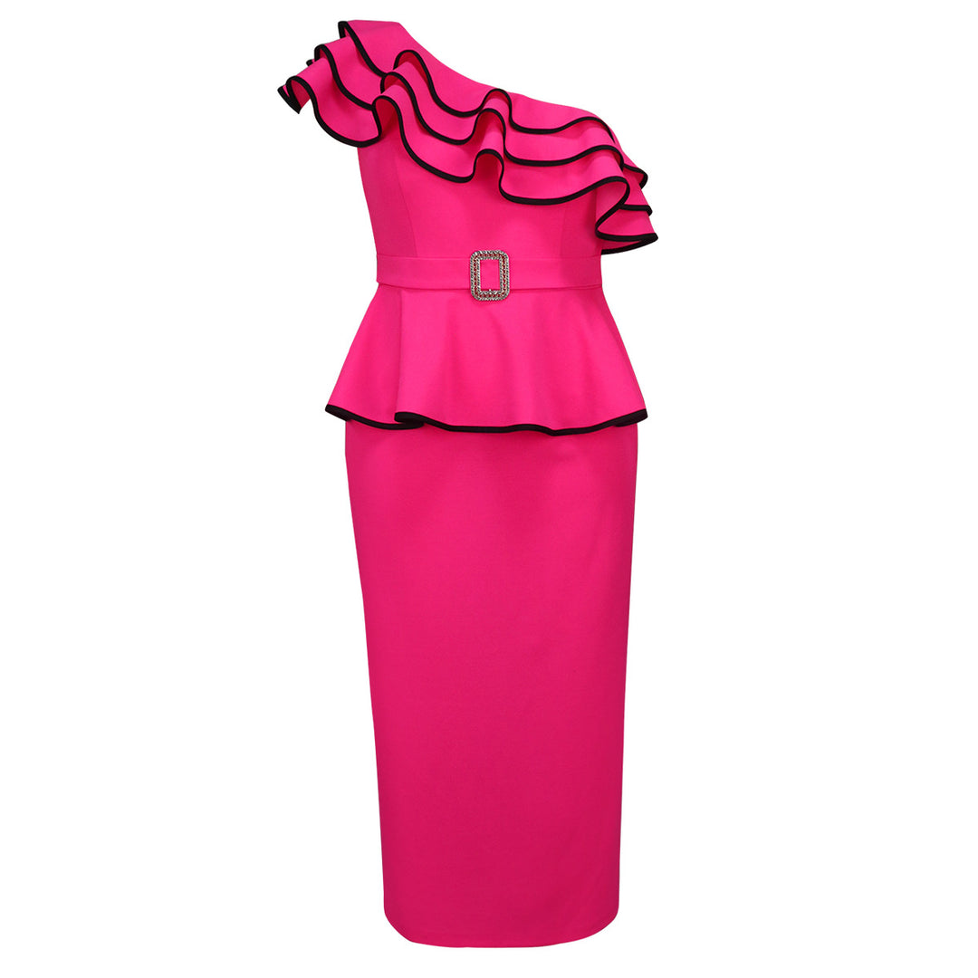 Damen Elegantes Abendkleid mit asymmetrischem Rüschendetail und dekorativem Gürtel EB