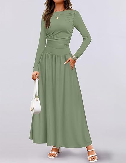 Damen Langärmliges Maxikleid mit eleganten Rüschendetails und praktischen Taschen EB