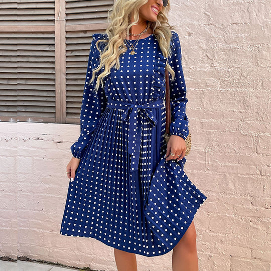 Damen langärmliges Kleid mit taillierbarem Gürtel und elegantem Punktmuster EB
