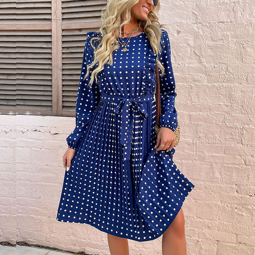 Damen langärmliges Kleid mit taillierbarem Gürtel und elegantem Punktmuster EB