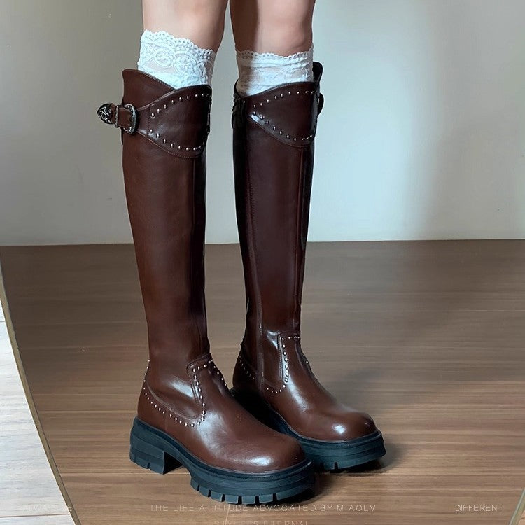 Damen elegante hohe Stiefel mit dekorativen Nieten und robustem Blockabsatz EB
