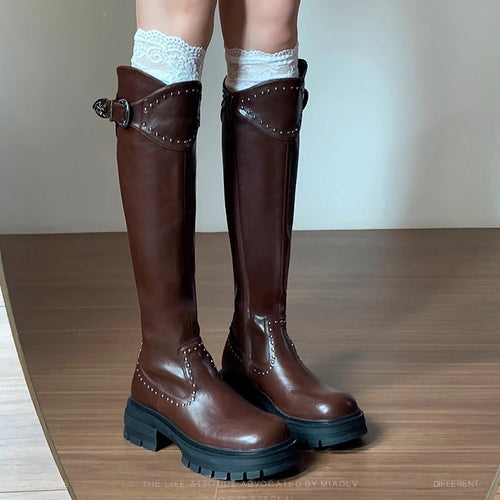 Damen elegante hohe Stiefel mit dekorativen Nieten und robustem Blockabsatz EB