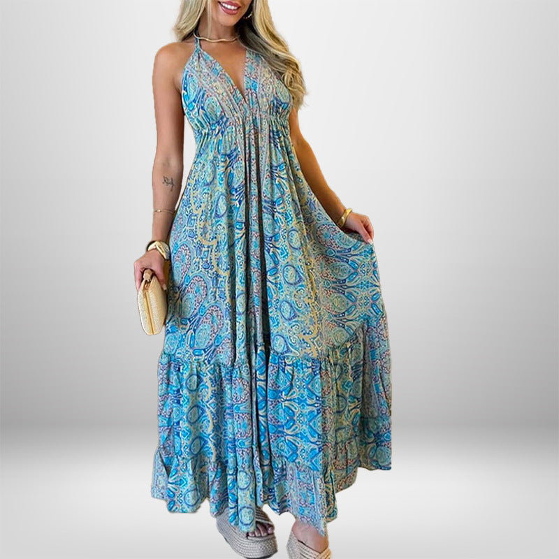 Damen Maxikleid Im Verspielten Boho-Stil mit Tiefem V-Ausschnitt und Schwingendem Rock EB