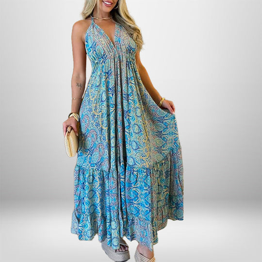 Damen Maxikleid Im Verspielten Boho-Stil mit Tiefem V-Ausschnitt und Schwingendem Rock EB