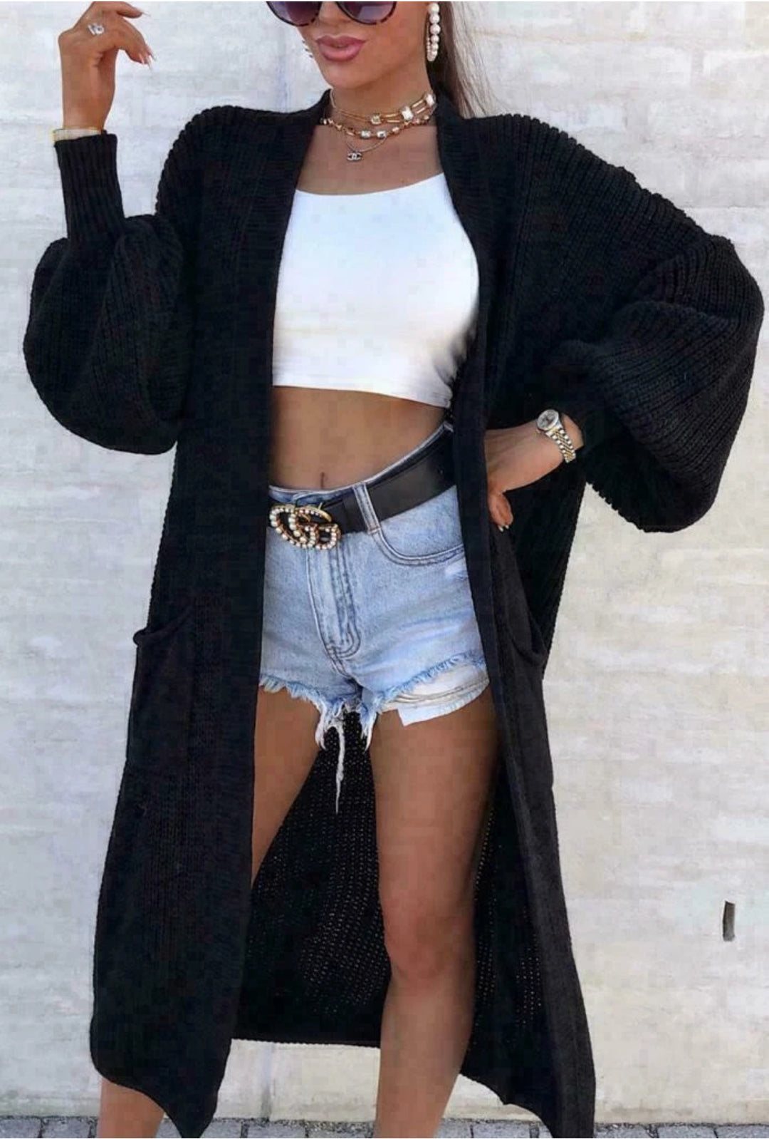 Damen Langer Strickmantel mit oversized Ärmeln und praktischen Taschen EB