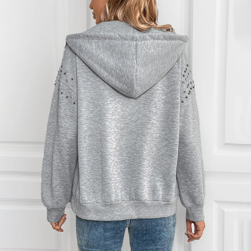 Damen modischer Kapuzenpullover mit Applikationen und Reißverschluss EB