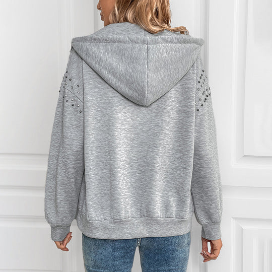 Damen modischer Kapuzenpullover mit Applikationen und Reißverschluss EB