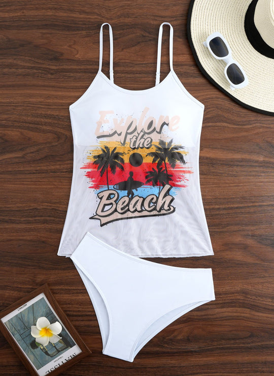 Damen Tankini-Set mit sportlichem Grafikdesign und hoch tailliertem Höschen EB