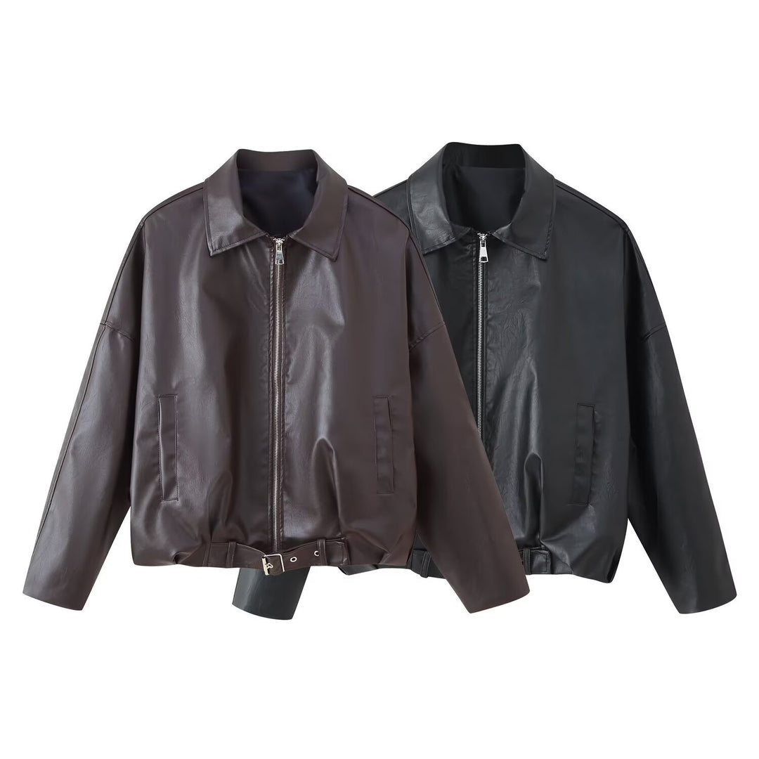 Damen modische Kunstlederjacke mit Taillengürtel EB