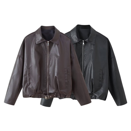 Damen modische Kunstlederjacke mit Taillengürtel EB
