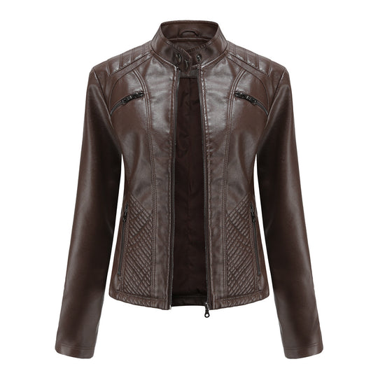 Damen nan taillierte Bikerjacke aus Kunstleder mit Stepppaneelen und Stehkragen EB