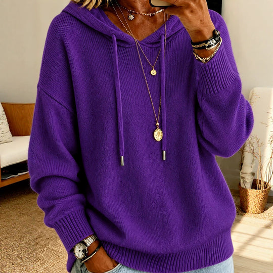 Damen Oversize Kapuzenpullover aus feinem Strick mit Kordelzug und gerippten Bündchen EB