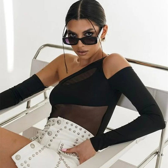Damen Trendy One-Shoulder Body mit transparenten Einsätzen EB