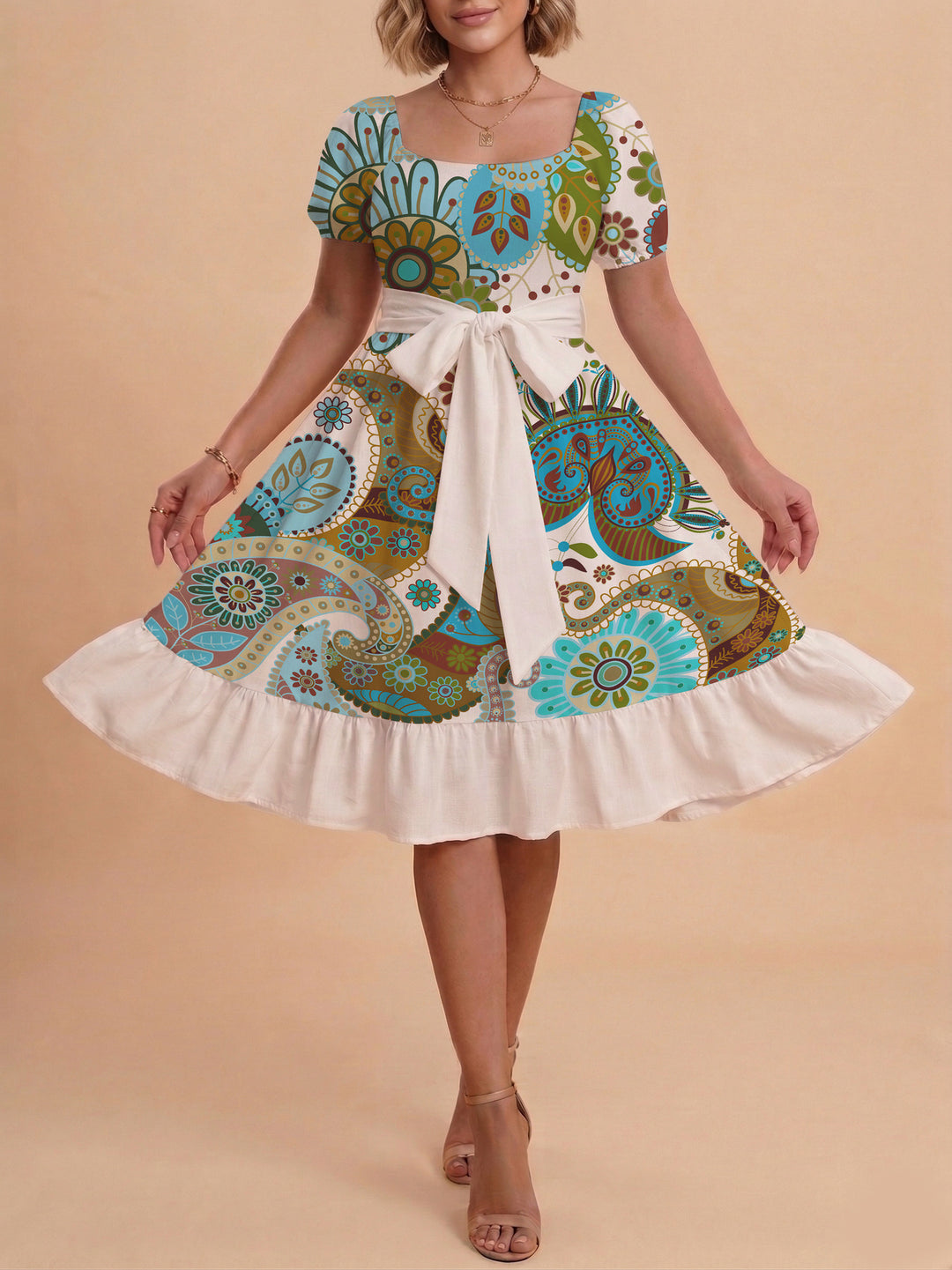 Damen modernes Blumenkleid mit elegantem Taillengürtel und asymmetrischem Saum EB