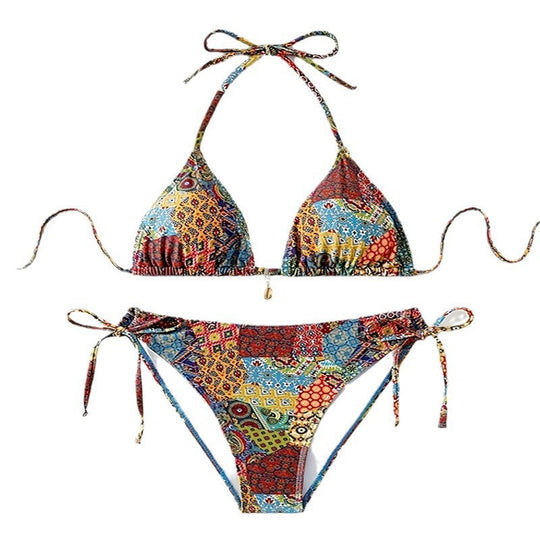 Damen Triangel-Bikini mit buntem Muster und dekorativen Details EB