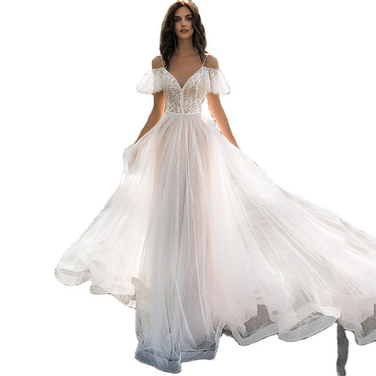 Damen Elegantes Hochzeitskleid mit transparenten Puffärmeln und glitzerndem Oberteil EB