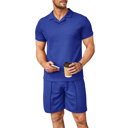 Herren nan zweiteiliges Freizeitset aus strukturierter Baumwollmischung mit Reverspolo und geraden Komfortshorts EB